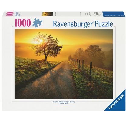 Landskap i Morgensol 1000 brikker Ravensburger puslespill eske med soloppgang landskap motiv