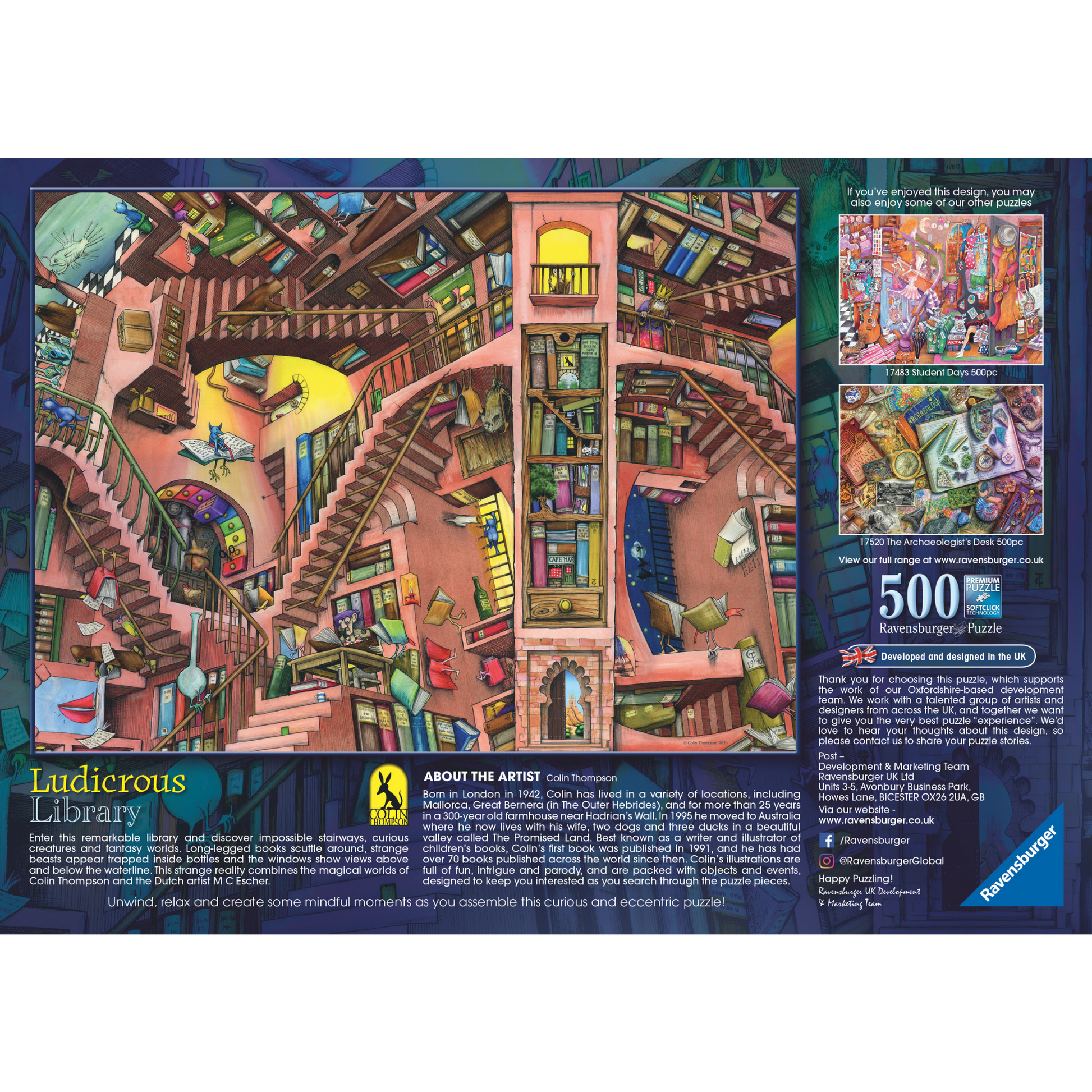 Latterlig Bibliotek 500 brikker Ravensburger puslespill bakside eske