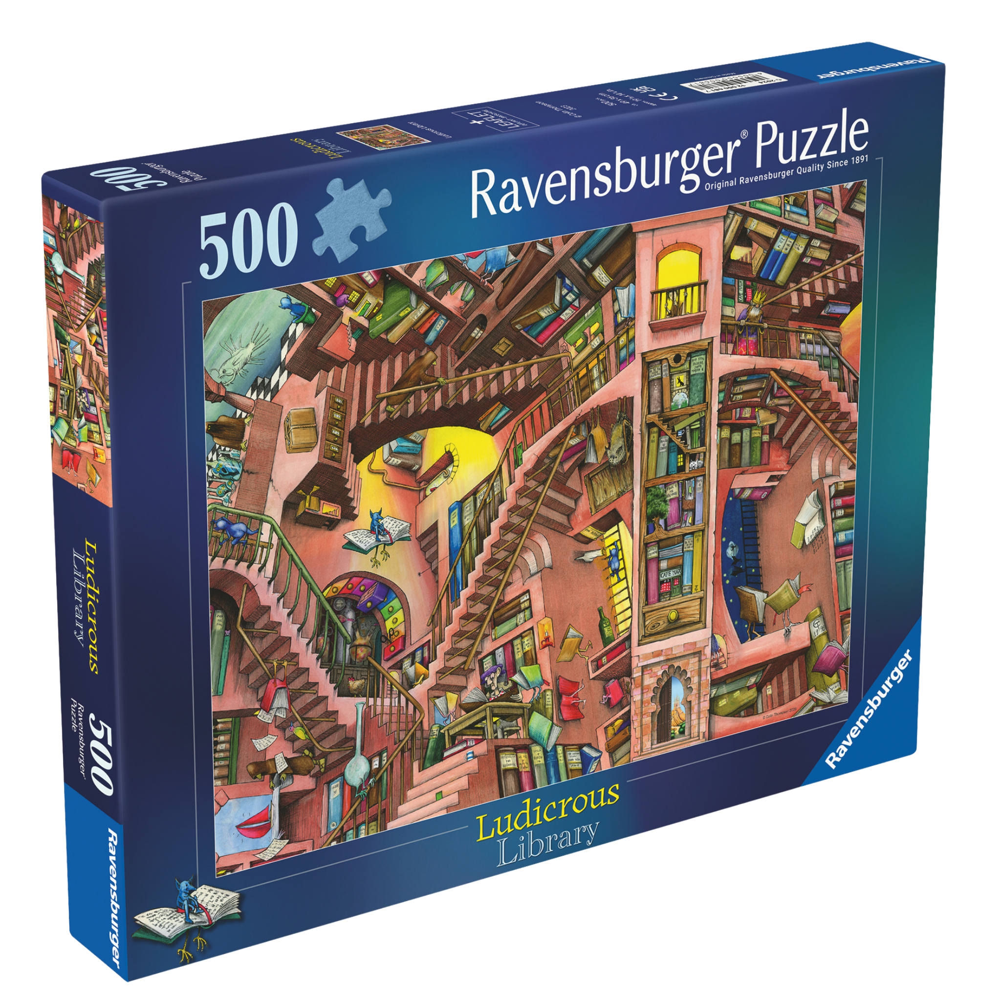 Latterlig Bibliotek 500 brikker Ravensburger puslespill eske med fantastisk bibliotek motiv