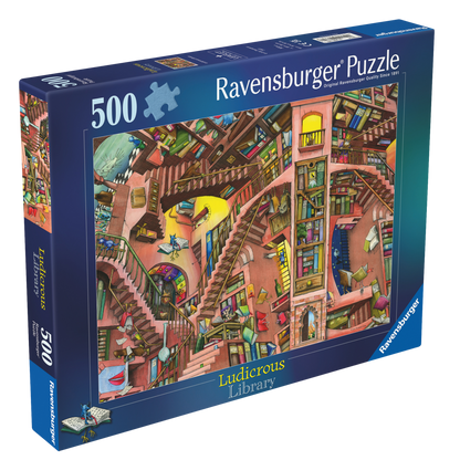 Latterlig Bibliotek 500 brikker Ravensburger puslespill eske med fantastisk bibliotek motiv