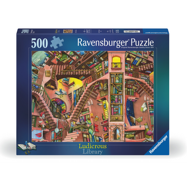 Latterlig Bibliotek 500 brikker Ravensburger puslespill eske med fantastisk bibliotek motiv