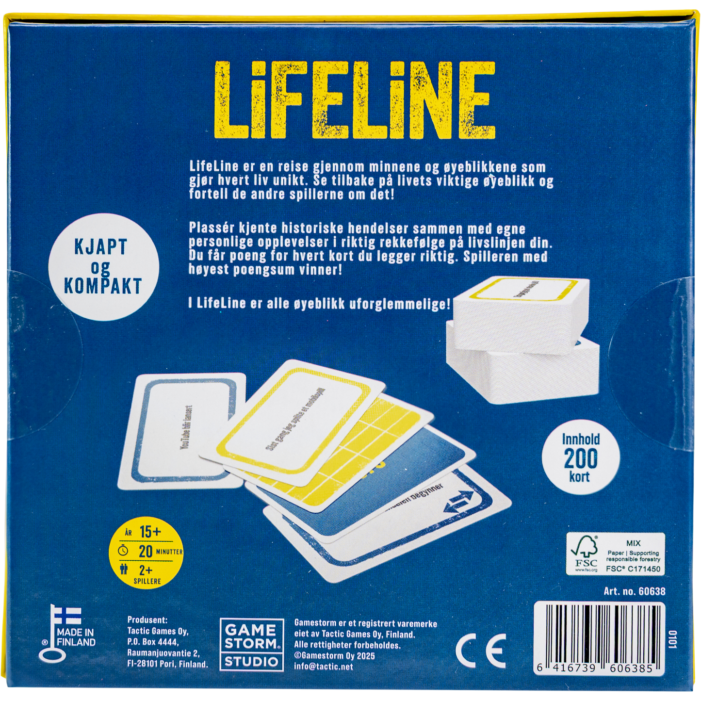 Lifeline festspill bakside eske med oppgavekort med personlige og historiske hendelser