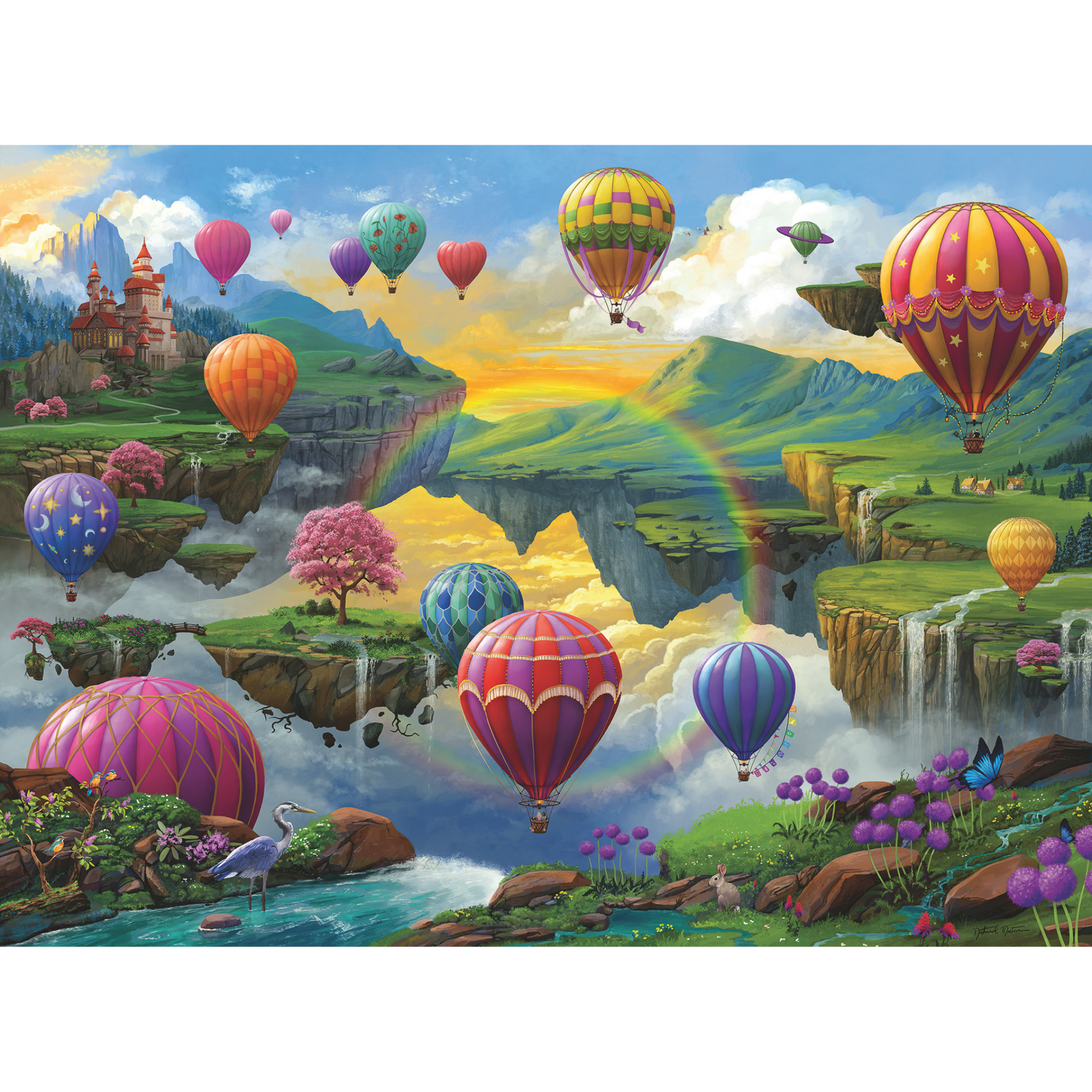 Luftballongdal illustrasjon med fargerike luftballonger over grønne åser og vannfall