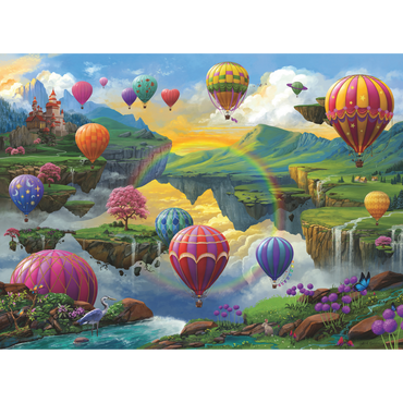 Luftballongdal illustrasjon med fargerike luftballonger over grønne åser og vannfall