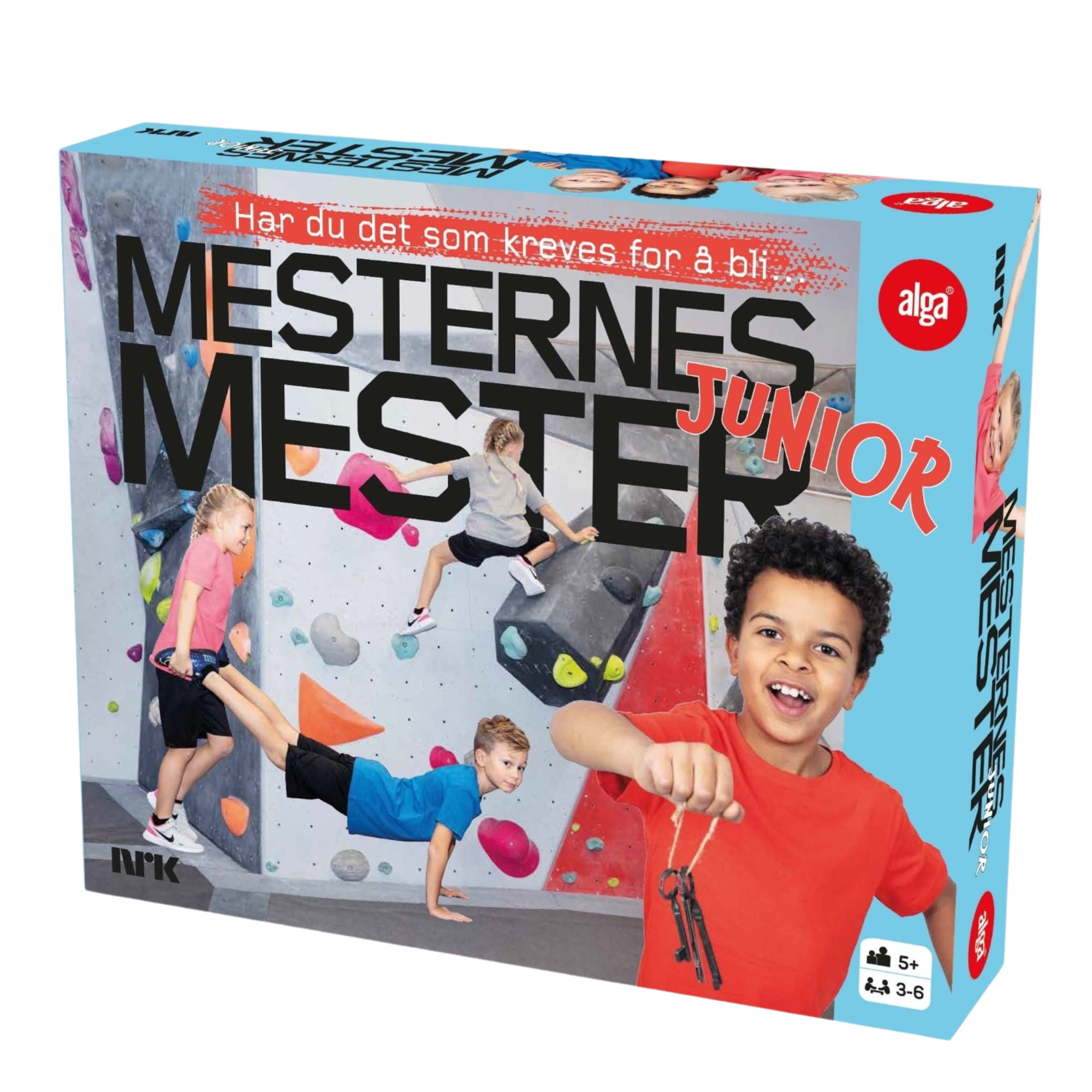 Mesternes Mester Junior spilleske med blå design og barn som viser muskler motiv