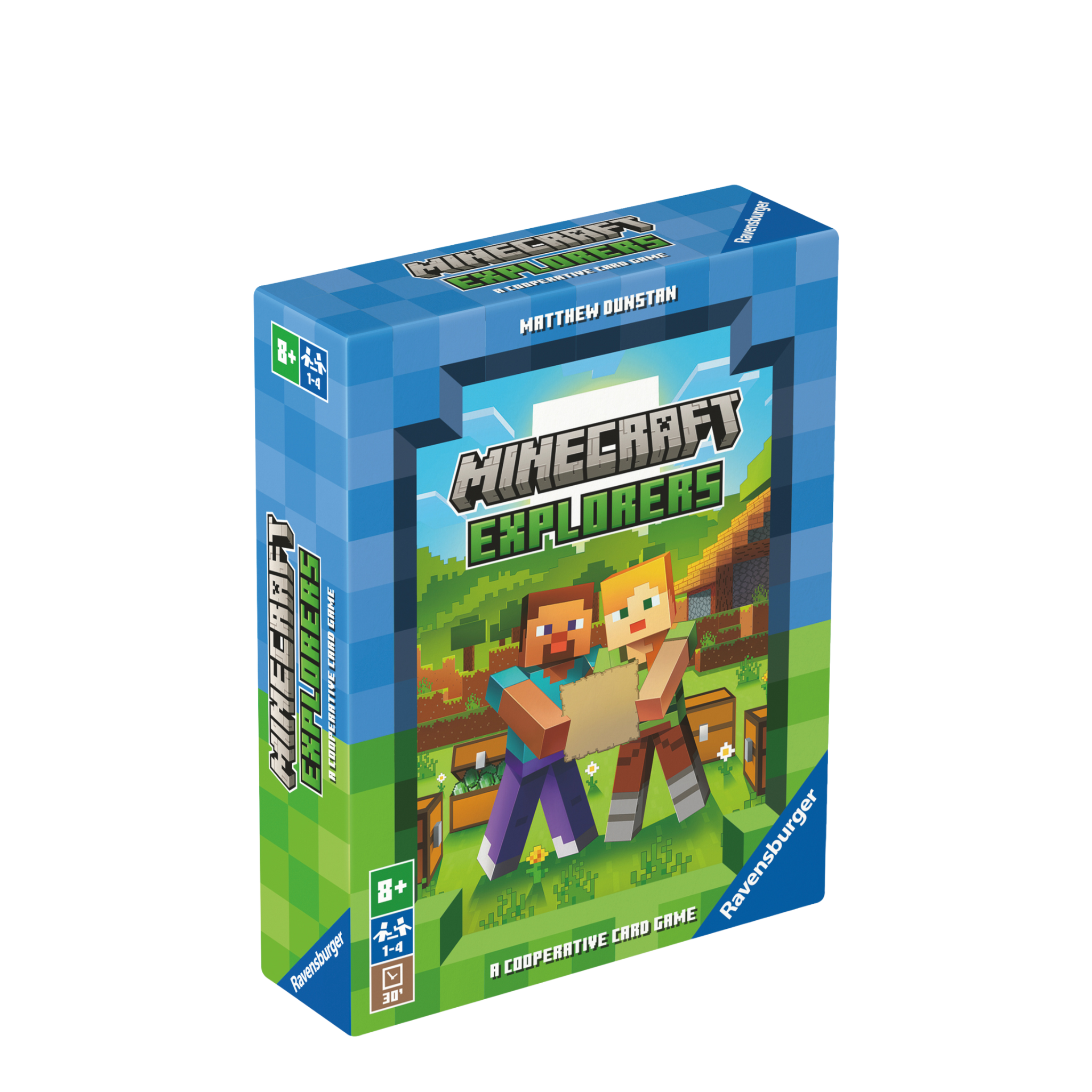 Minecraft Explorers spilleske med Steve og Alex karakterer på grønn bakgrunn