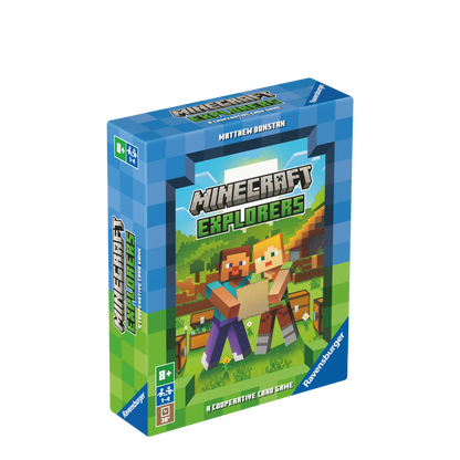 Minecraft Explorers spilleske med Steve og Alex karakterer på grønn bakgrunn