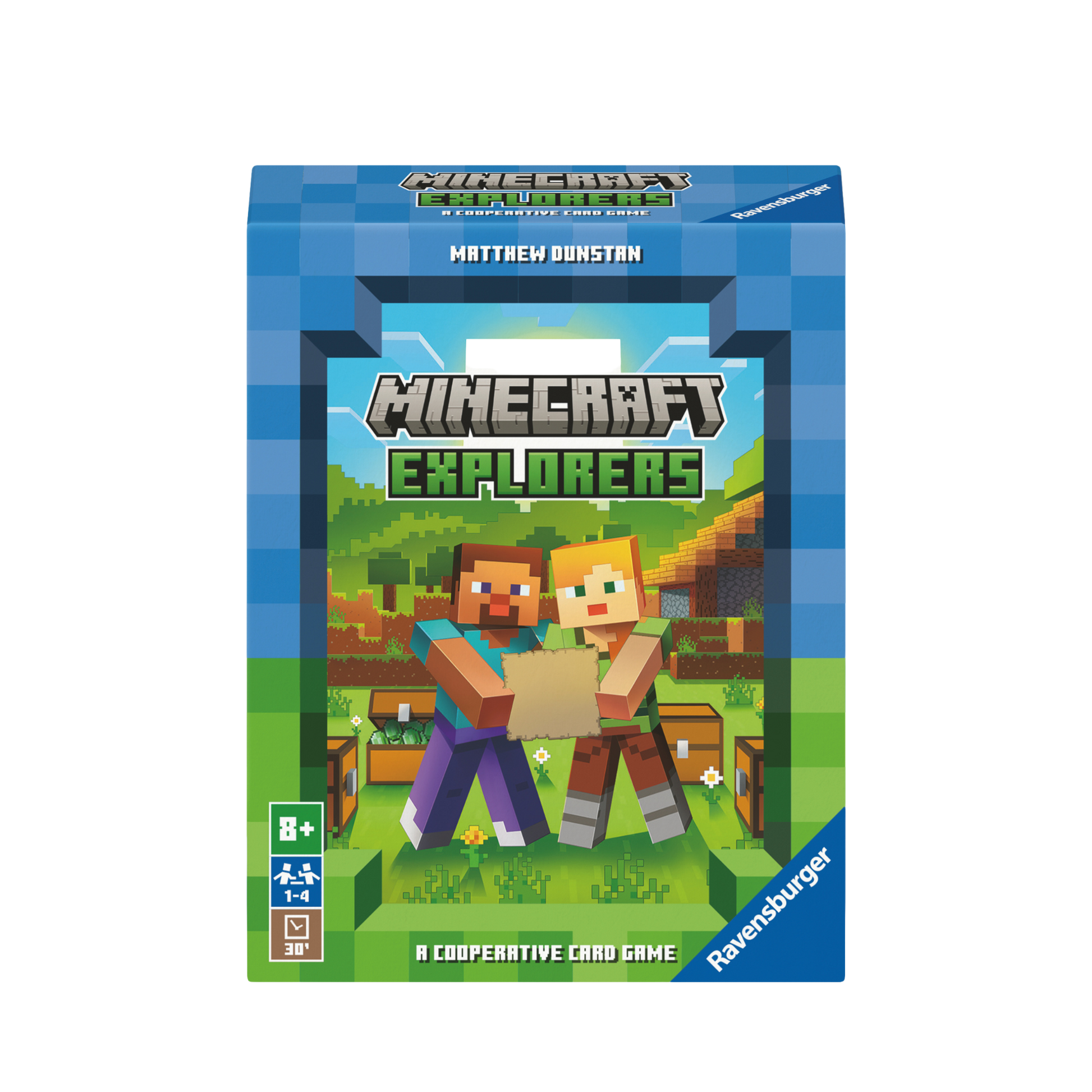 Minecraft Explorers spilleske med Steve og Alex karakterer på grønn bakgrunn