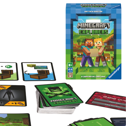 Minecraft Explorers spilleske med kort, blokker, terninger og spillebrett spredt ut på bordet