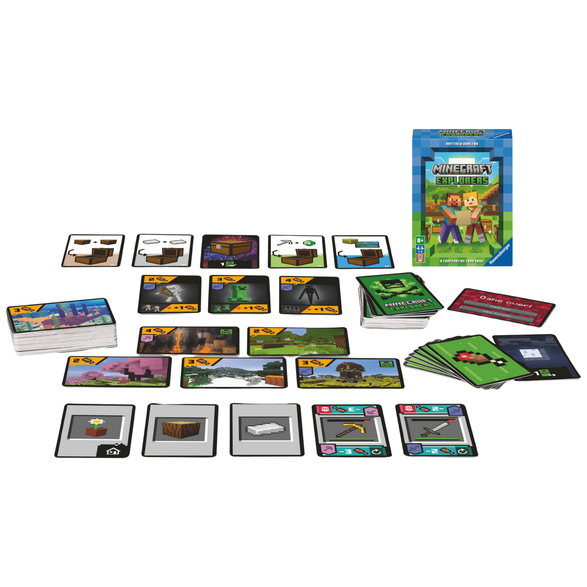 Minecraft Explorers spilleske med kort, blokker, terninger og spillebrett spredt ut på bordet
