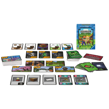 Minecraft Explorers spilleske med kort, blokker, terninger og spillebrett spredt ut på bordet