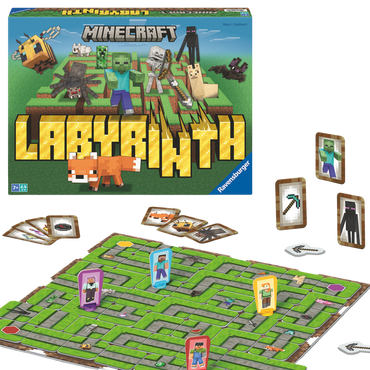 Minecraft Labyrinth spilleske med grønt spillebrett, kort, brikker og Minecraft figurer spredt ut