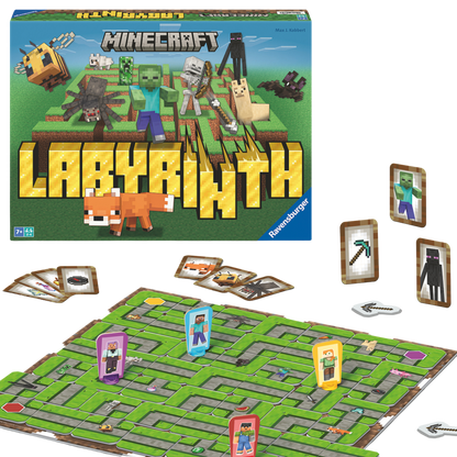 Minecraft Labyrinth spilleske med grønt spillebrett, kort, brikker og Minecraft figurer spredt ut