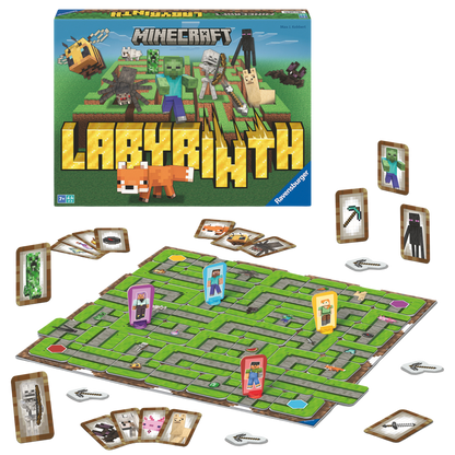 Minecraft Labyrinth spilleske med grønt spillebrett, kort, brikker og Minecraft figurer spredt ut