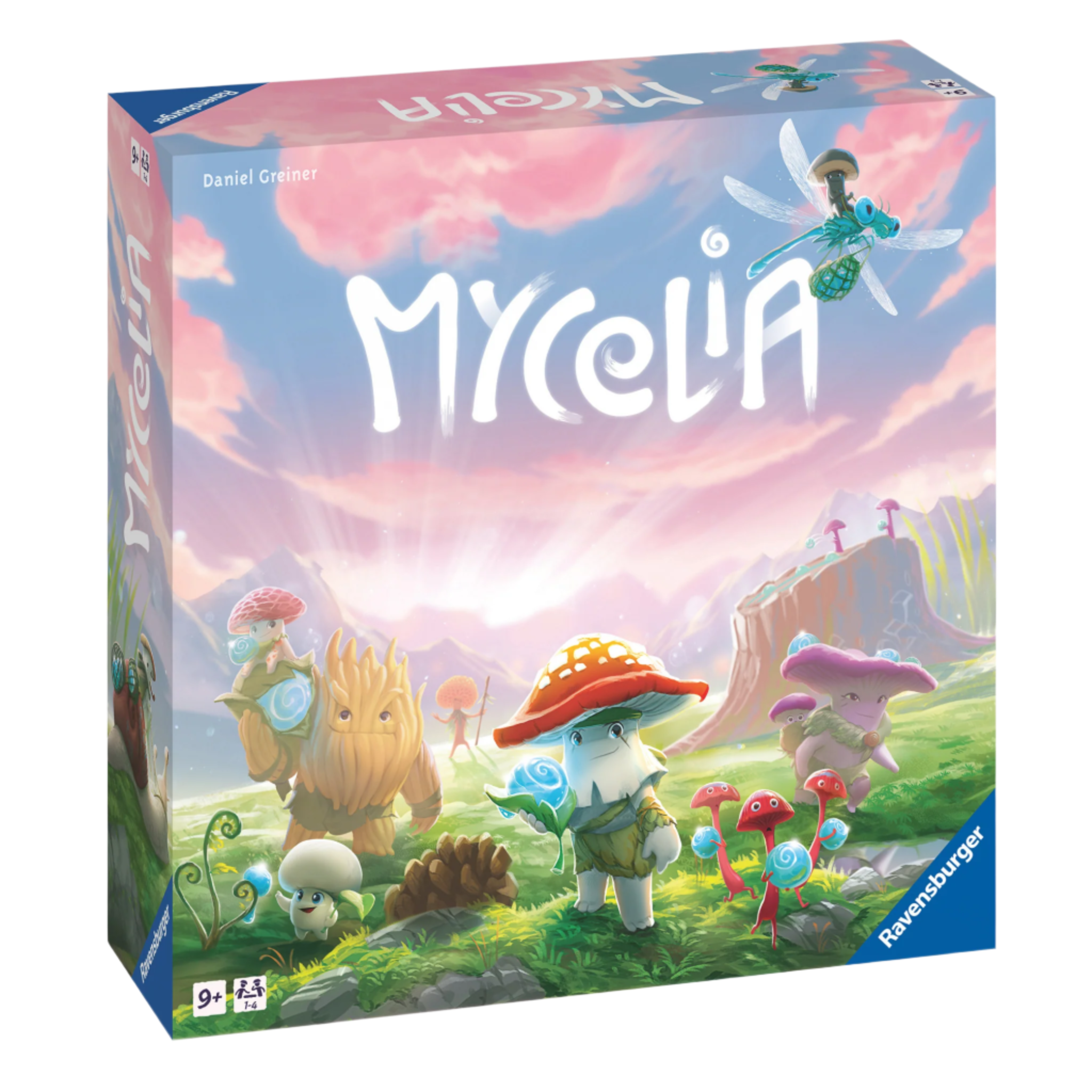Mycelia brettspill eske viser animerte soppkarakterer på grønn slette med magiske duggdråper