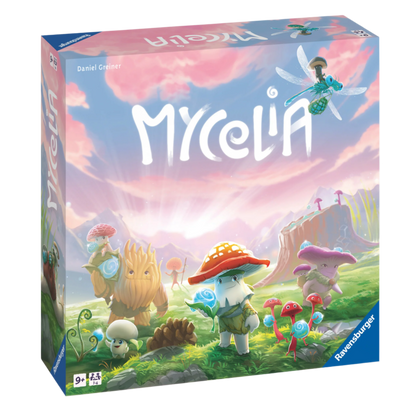 Mycelia brettspill eske viser animerte soppkarakterer på grønn slette med magiske duggdråper