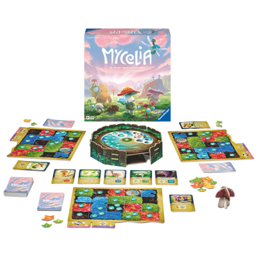 Mycelia brettspill komplett innhold - viser eske, det sirkulære roterbare Shrine of Life, fargerike spillebrett, 70 illustrerte kort, duggdråpe-tokens og alle premium komponenter