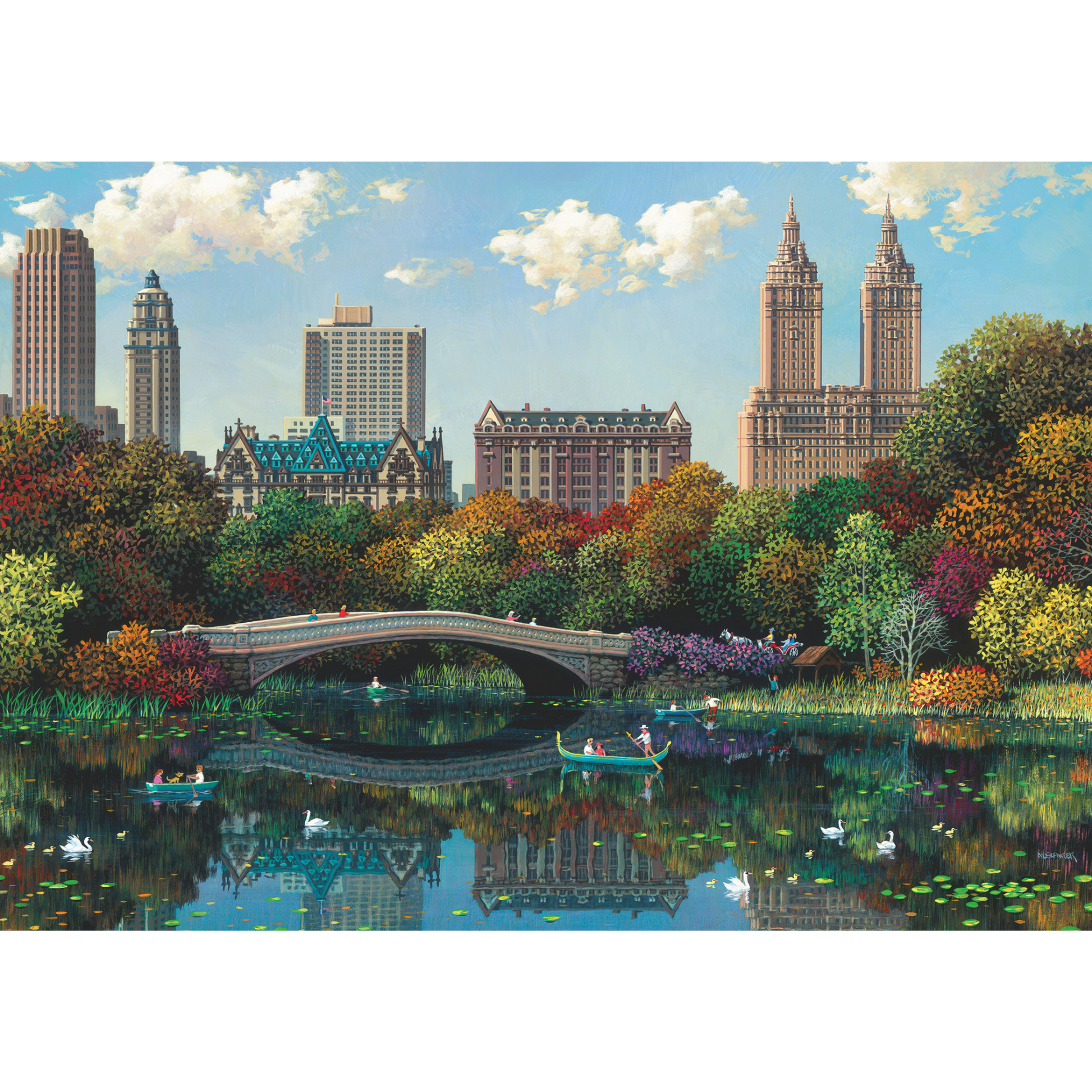 Central Park Bow Bridge illustrasjon med skyskrapere, høstfarger og refleksjoner i vannet