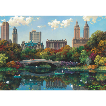 Central Park Bow Bridge illustrasjon med skyskrapere, høstfarger og refleksjoner i vannet
