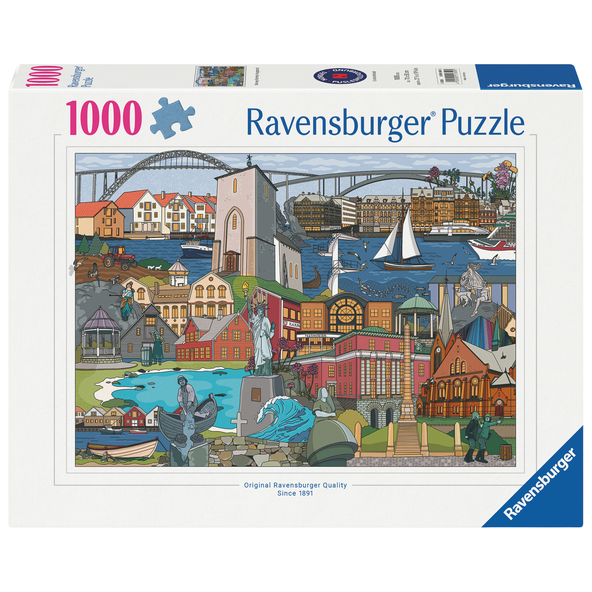 Karmøy og Haugesund puslespill eske med fargerikt illustrert kystbymotiv som viser broer, havneområde, historiske bygninger, seilbåter og karakteristiske norske kystlandskap-elementer