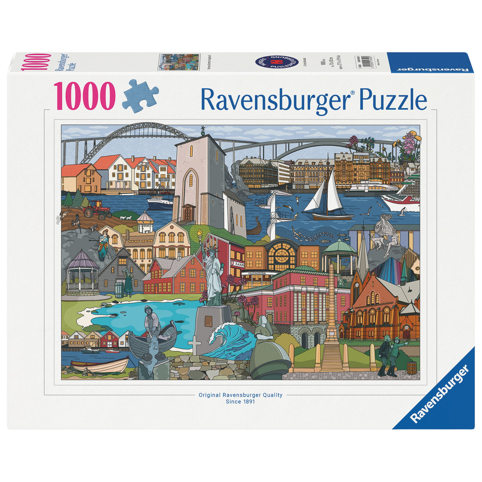 Karmøy og Haugesund puslespill eske med fargerikt illustrert kystbymotiv som viser broer, havneområde, historiske bygninger, seilbåter og karakteristiske norske kystlandskap-elementer
