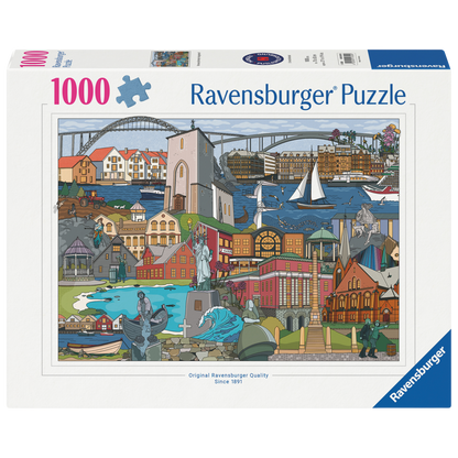 Karmøy og Haugesund puslespill eske med fargerikt illustrert kystbymotiv som viser broer, havneområde, historiske bygninger, seilbåter og karakteristiske norske kystlandskap-elementer