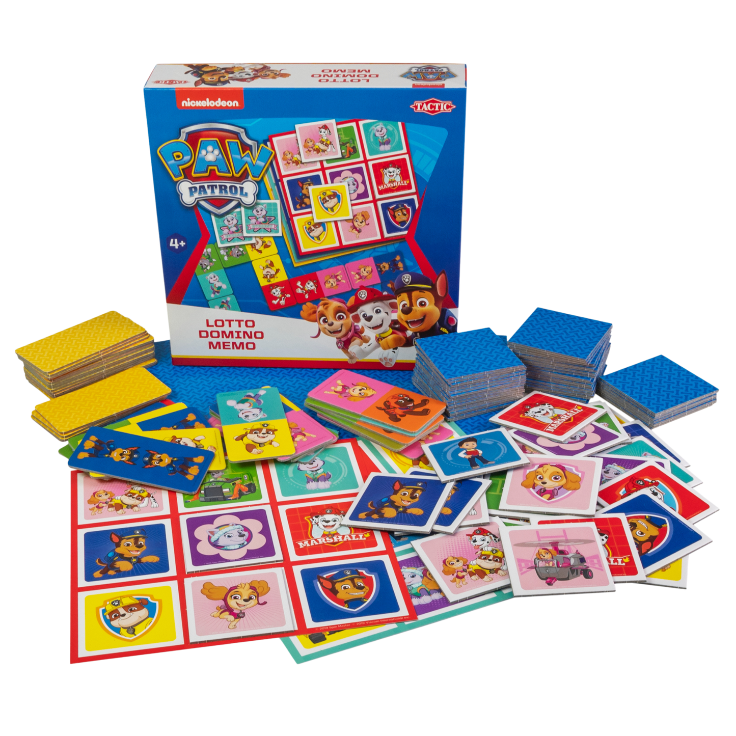 Paw Patrol 3-in-1 spilleske med lottobrett, dominobrikker og memorykort spredt ut