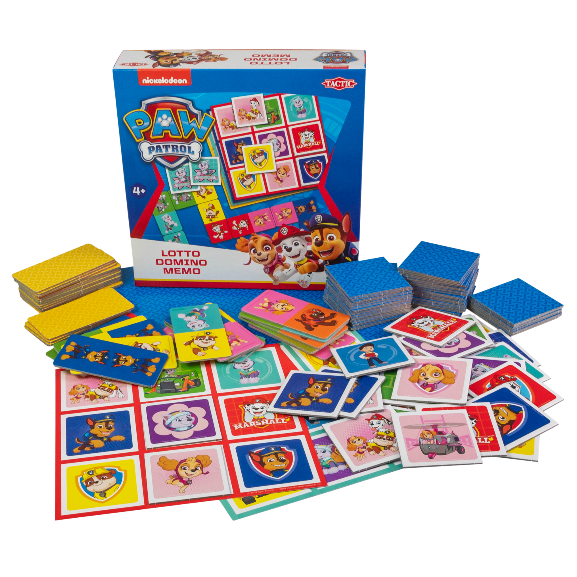 Paw Patrol 3-in-1 spilleske med lottobrett, dominobrikker og memorykort spredt ut
