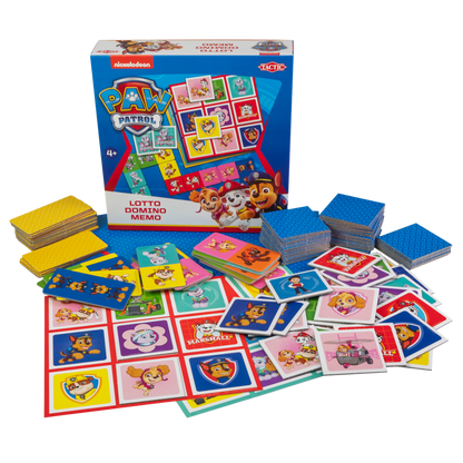 Paw Patrol 3-in-1 spilleske med lottobrett, dominobrikker og memorykort spredt ut