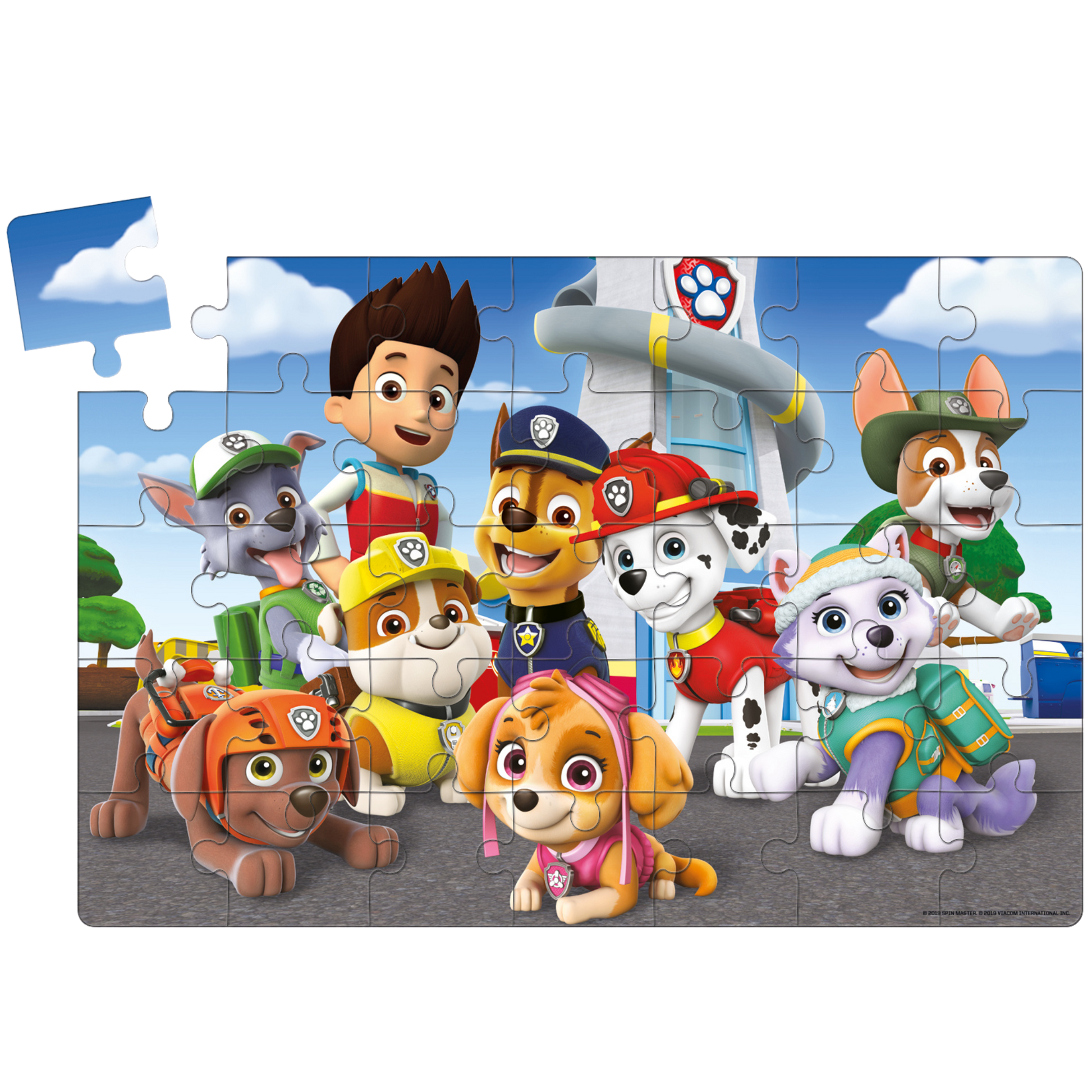 Ferdig Paw Patrol gulvpuslespill med alle karakterene i Adventure Bay