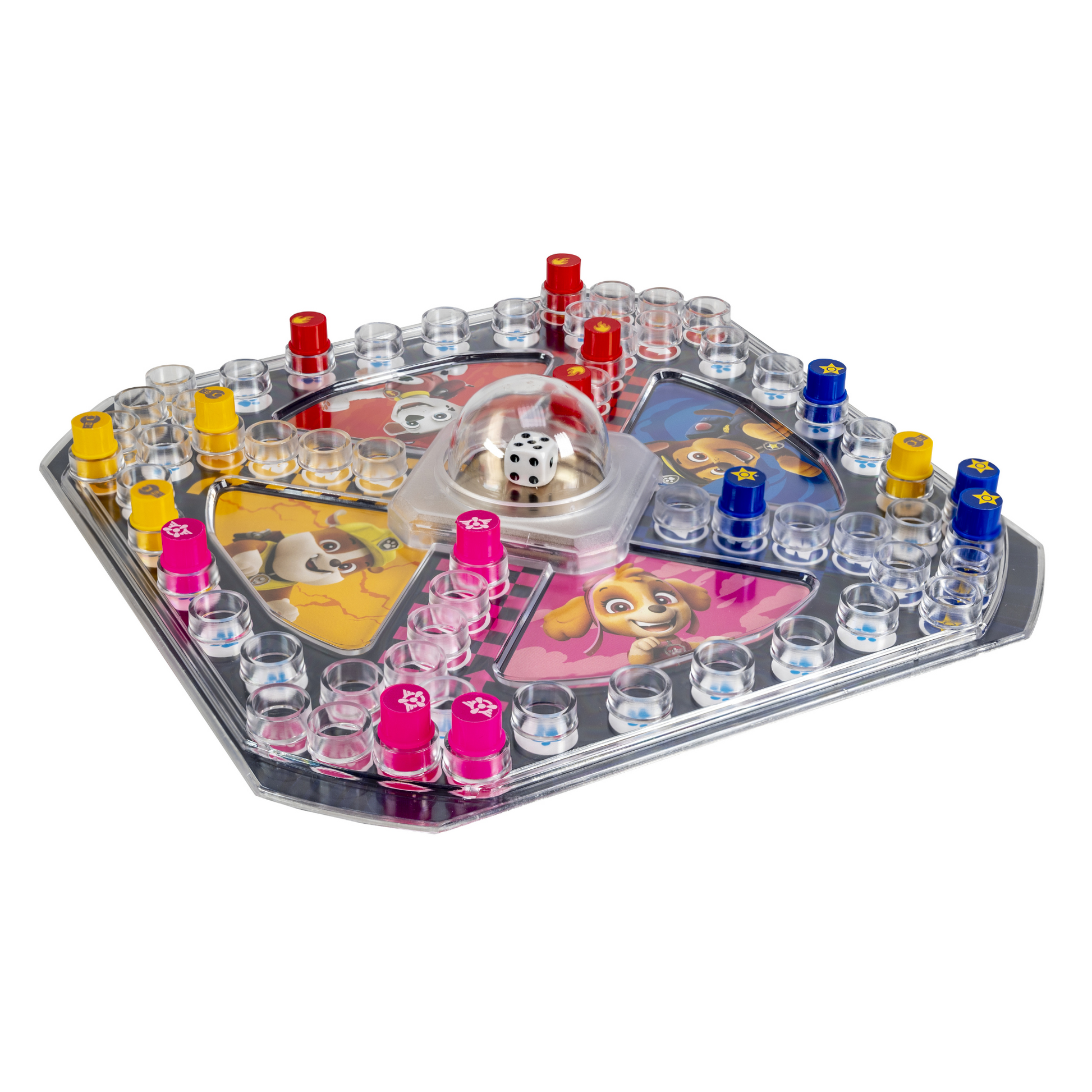 Kimble Paw Patrol spillkomponenter med rundt spillebrett, fargerike brikker og pop-o-matic terningkuppel