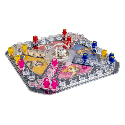 Kimble Paw Patrol spillkomponenter med rundt spillebrett, fargerike brikker og pop-o-matic terningkuppel