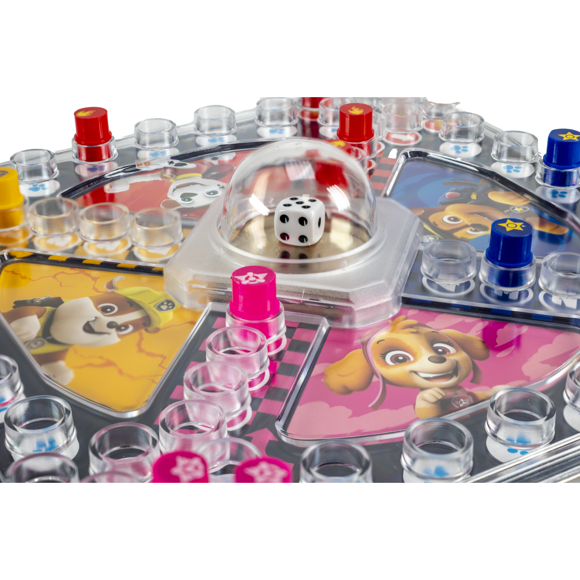 Kimble Paw Patrol spillkomponenter med rundt spillebrett, fargerike brikker og pop-o-matic terningkuppel