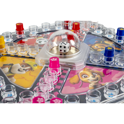 Kimble Paw Patrol spillkomponenter med rundt spillebrett, fargerike brikker og pop-o-matic terningkuppel