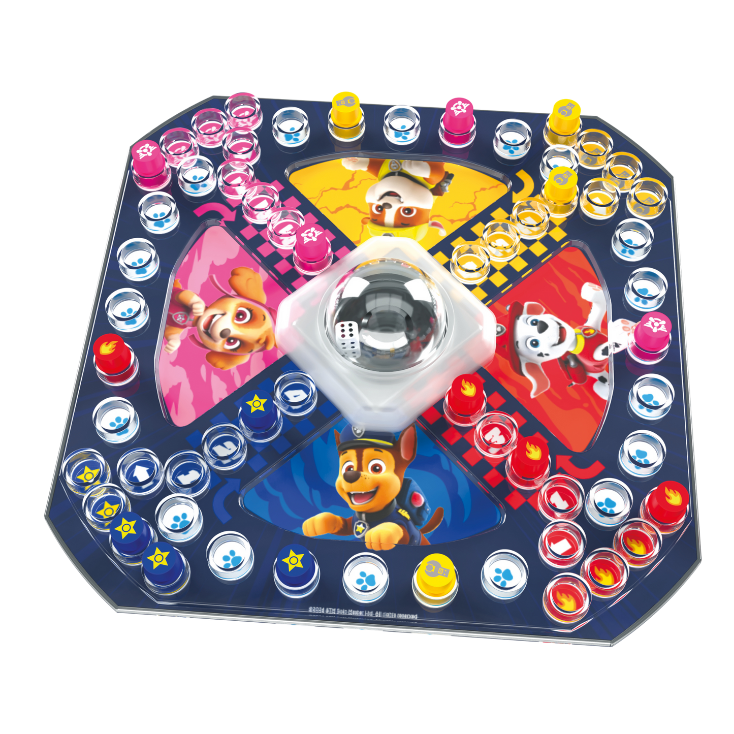Kimble Paw Patrol spillkomponenter med rundt spillebrett, fargerike brikker og pop-o-matic terningkuppel