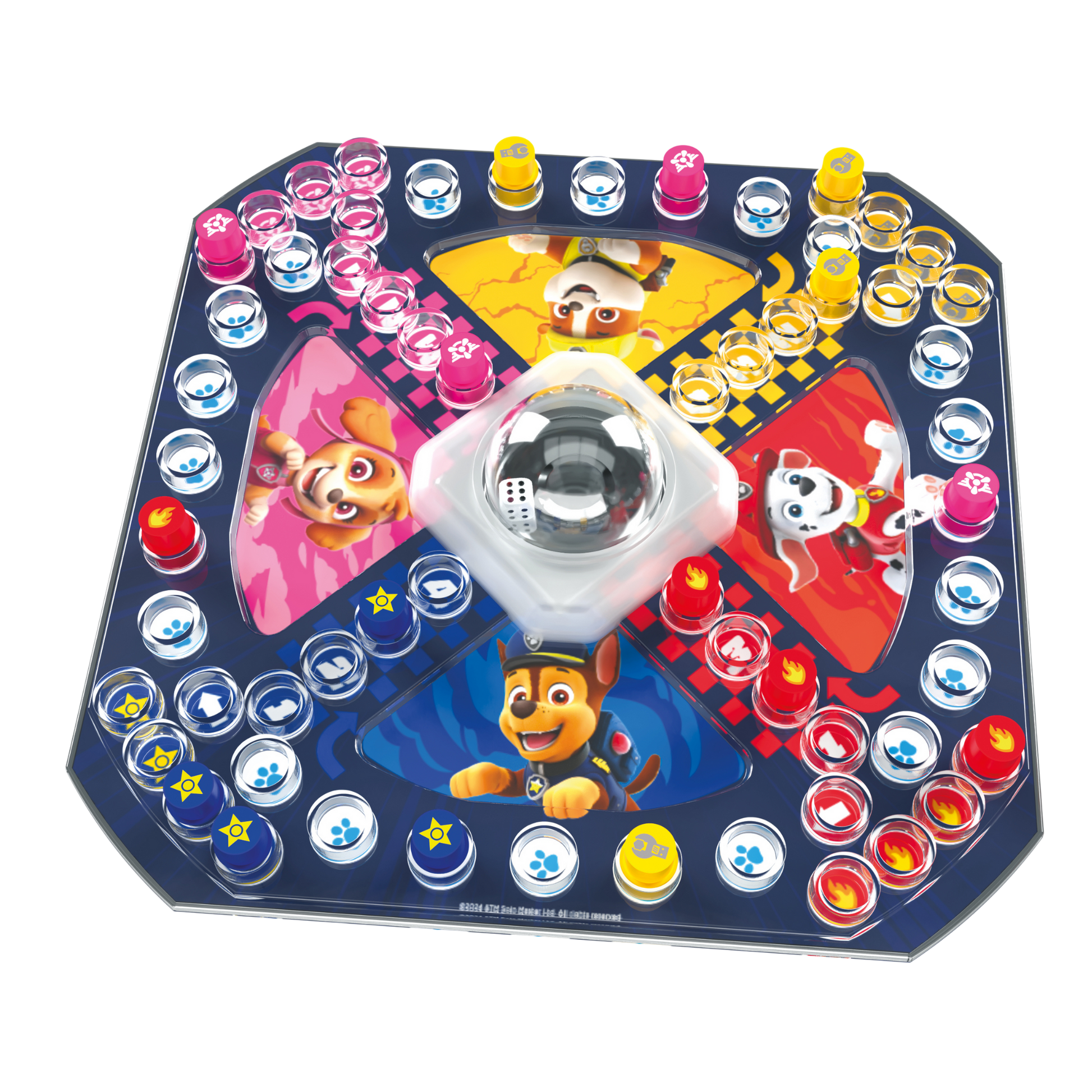 Kimble Paw Patrol spillkomponenter med rundt spillebrett, fargerike brikker og pop-o-matic terningkuppel