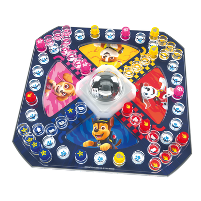 Kimble Paw Patrol spillkomponenter med rundt spillebrett, fargerike brikker og pop-o-matic terningkuppel