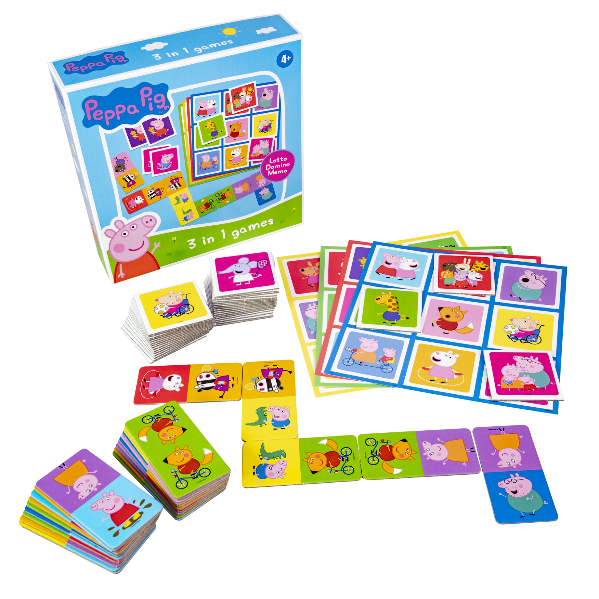 Peppa Gris 3 i 1 spilleske med lottobrett, dominobrikker og memorykort spredt ut
