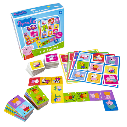Peppa Gris 3 i 1 spilleske med lottobrett, dominobrikker og memorykort spredt ut