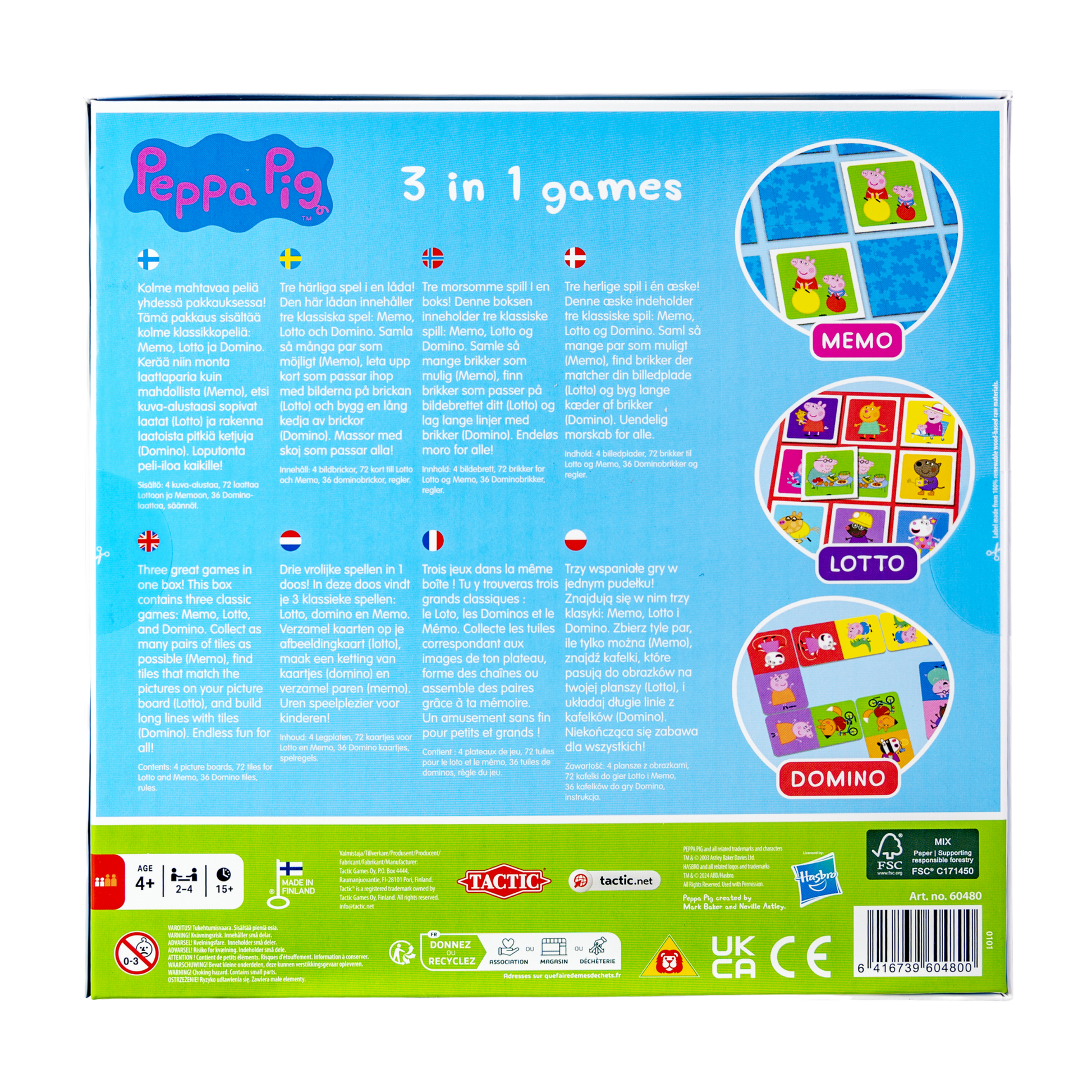 Peppa Gris 3 i 1 spilleske bakside med spillinformasjon og instruksjoner