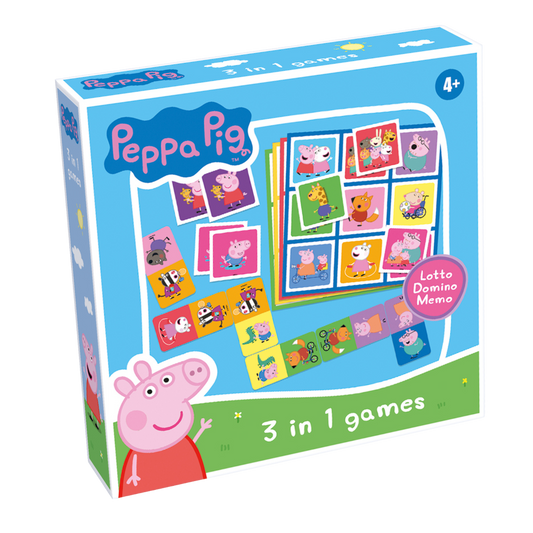 Peppa Gris 3 i 1 spilleske med lotto, domino og memo spill og Peppa karakterer