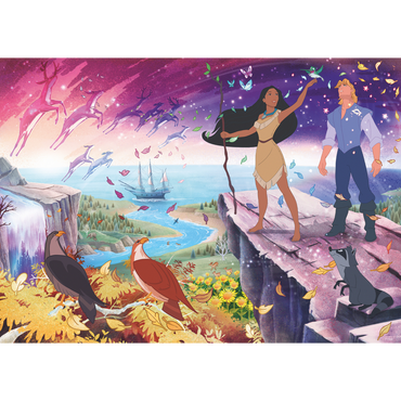 Disney Pocahontas illustrasjon med prinsesse, John Smith, dyr og fargerik naturscene