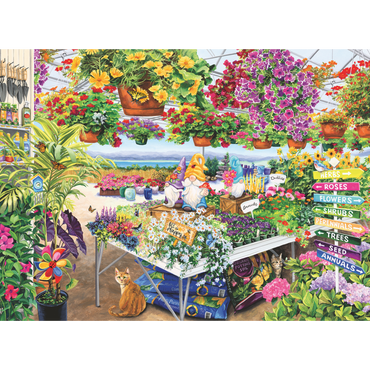 Fargerikt hagesenter illustrasjon med blomster, planter, katter og hagebord