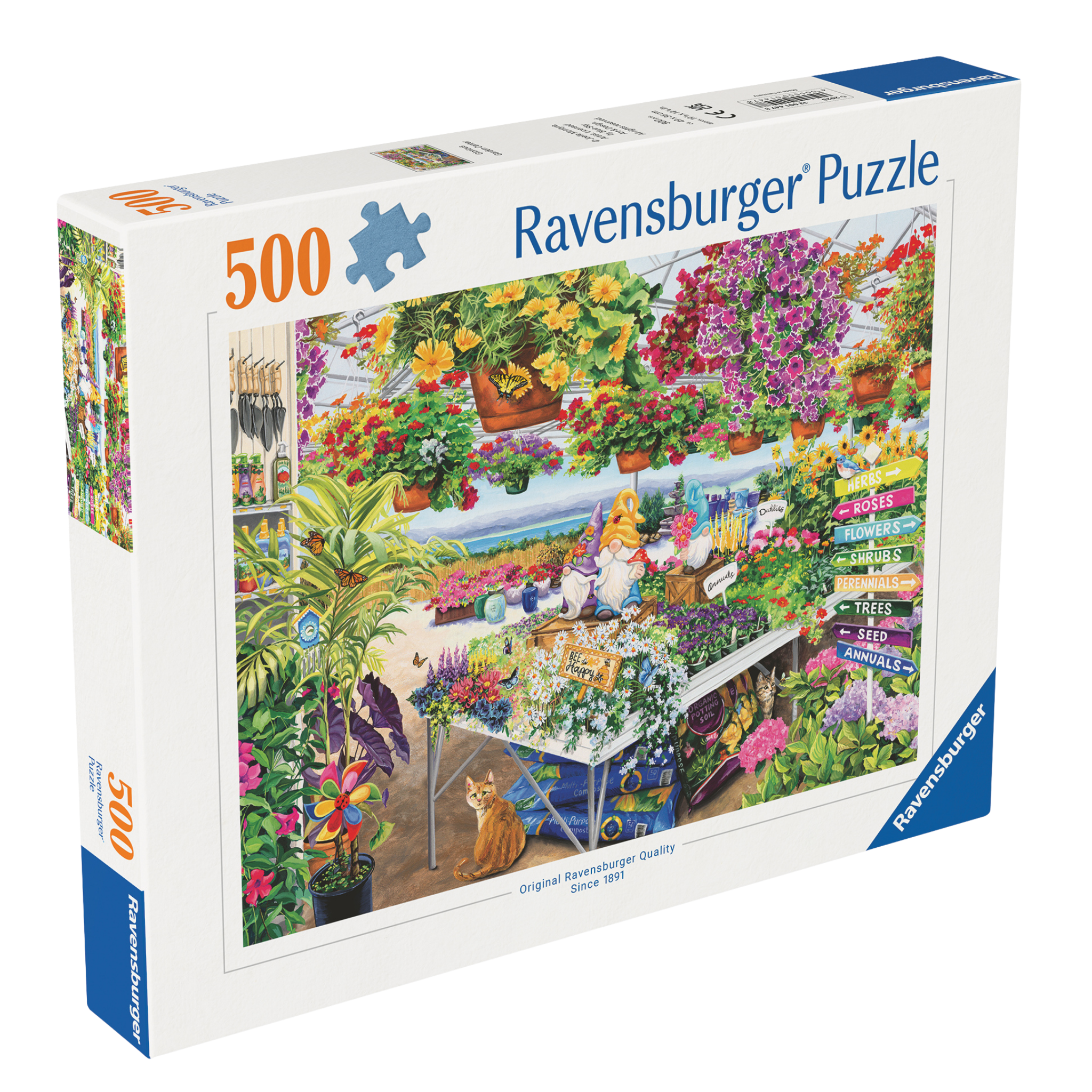 Praktfullt Hagesenter 500 brikker Ravensburger puslespill eske med fargerikt hagesenter motiv