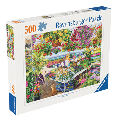 Praktfullt Hagesenter 500 brikker Ravensburger puslespill eske med fargerikt hagesenter motiv