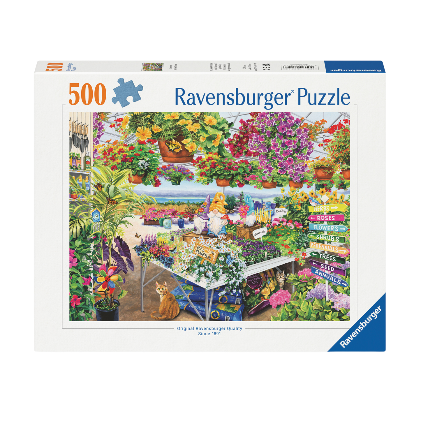 Praktfullt Hagesenter 500 brikker Ravensburger puslespill eske med fargerikt hagesenter motiv