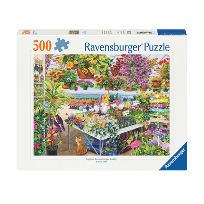 Praktfullt Hagesenter 500 brikker Ravensburger puslespill eske med fargerikt hagesenter motiv