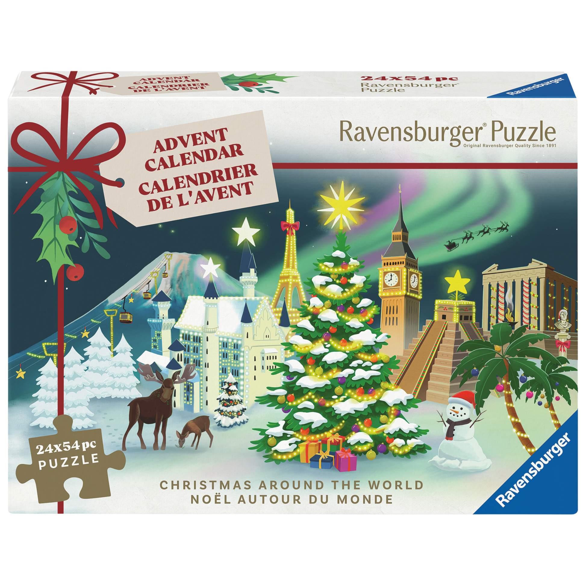 Jul rundt om verden adventskalender eske med 24 minipuslespill og julemotiver fra hele verden