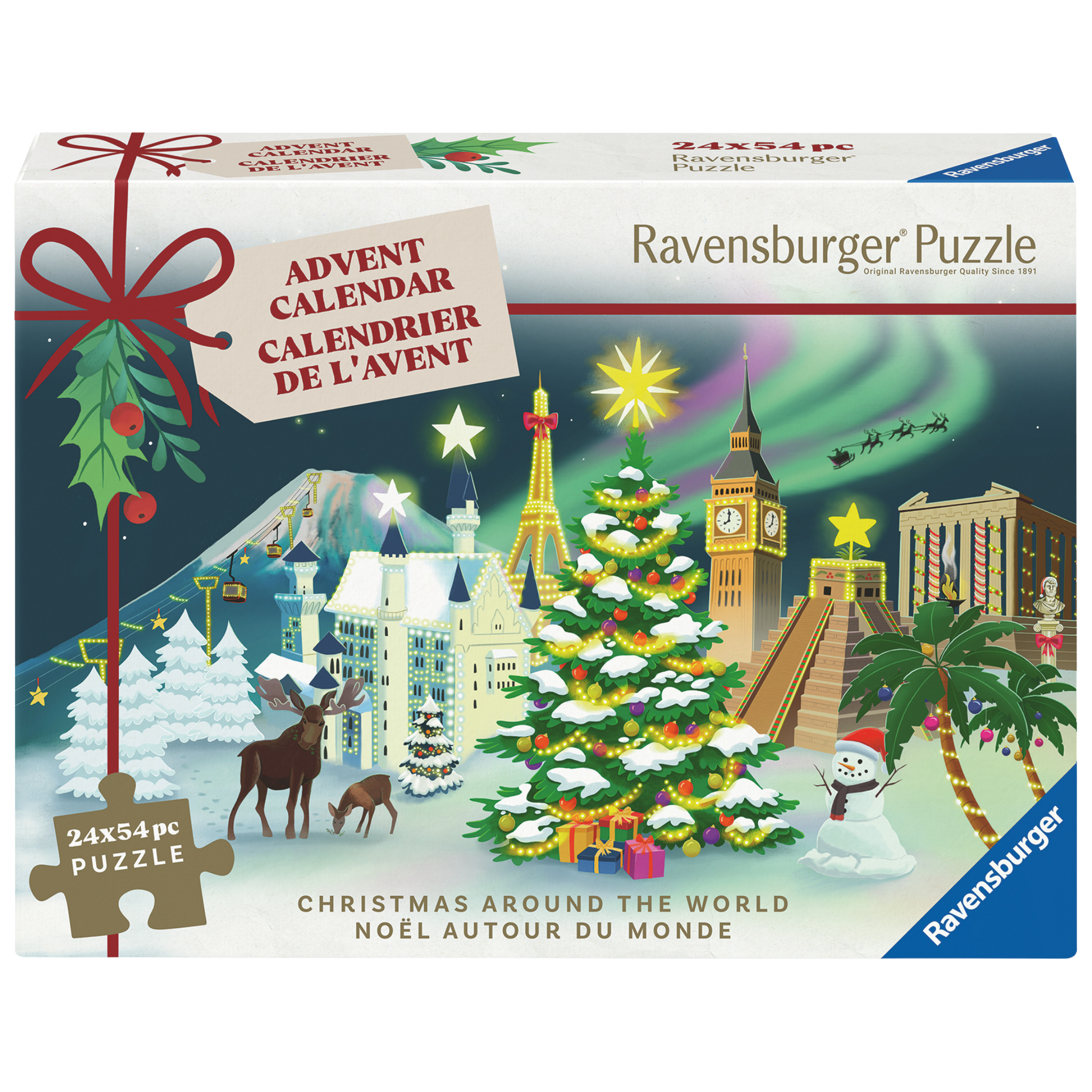 Jul rundt om verden adventskalender eske med 24 minipuslespill og julemotiver fra hele verden