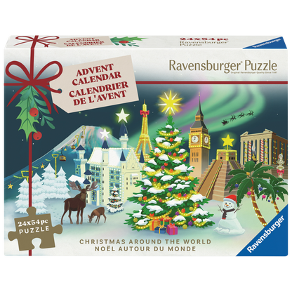 Jul rundt om verden adventskalender eske med 24 minipuslespill og julemotiver fra hele verden